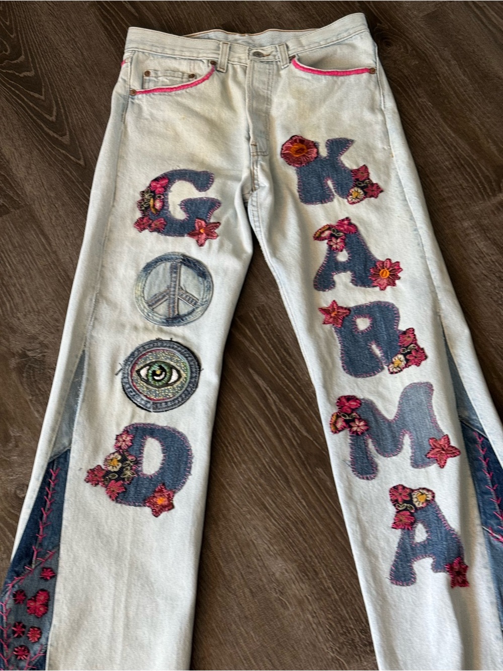 Upcycled Levi’s 501 GOOD KARMA Jeans | Custom Flare Leg | Peace Sign & Eye Art